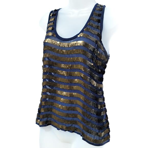 FRENCH CONNECTION Size 2 Navy Sheer Bronze Sequin Cocktail Party Prom Tank Top - Picture 2 of 6